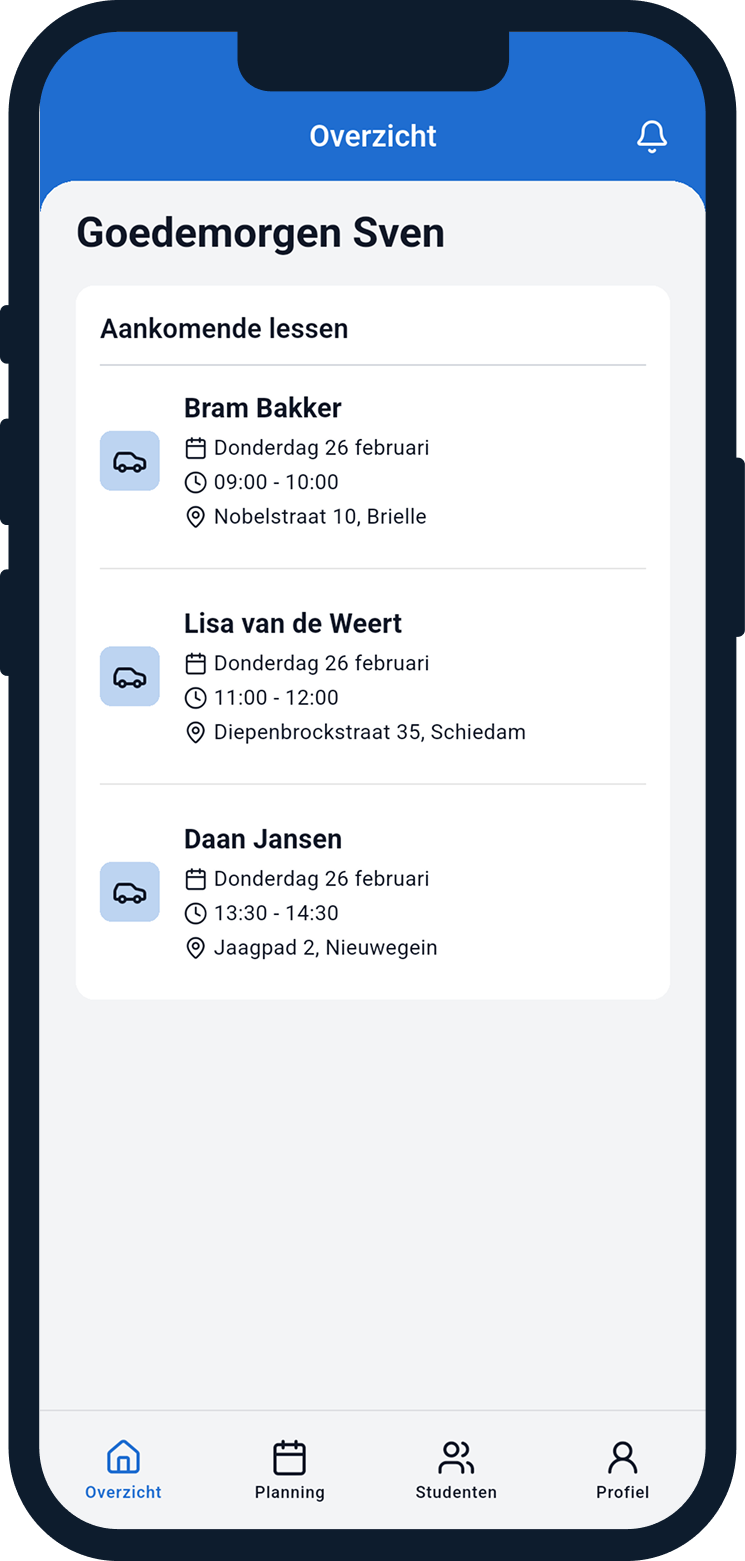 Overzicht van planning en lesaanvragen in Mijn Rijschool App