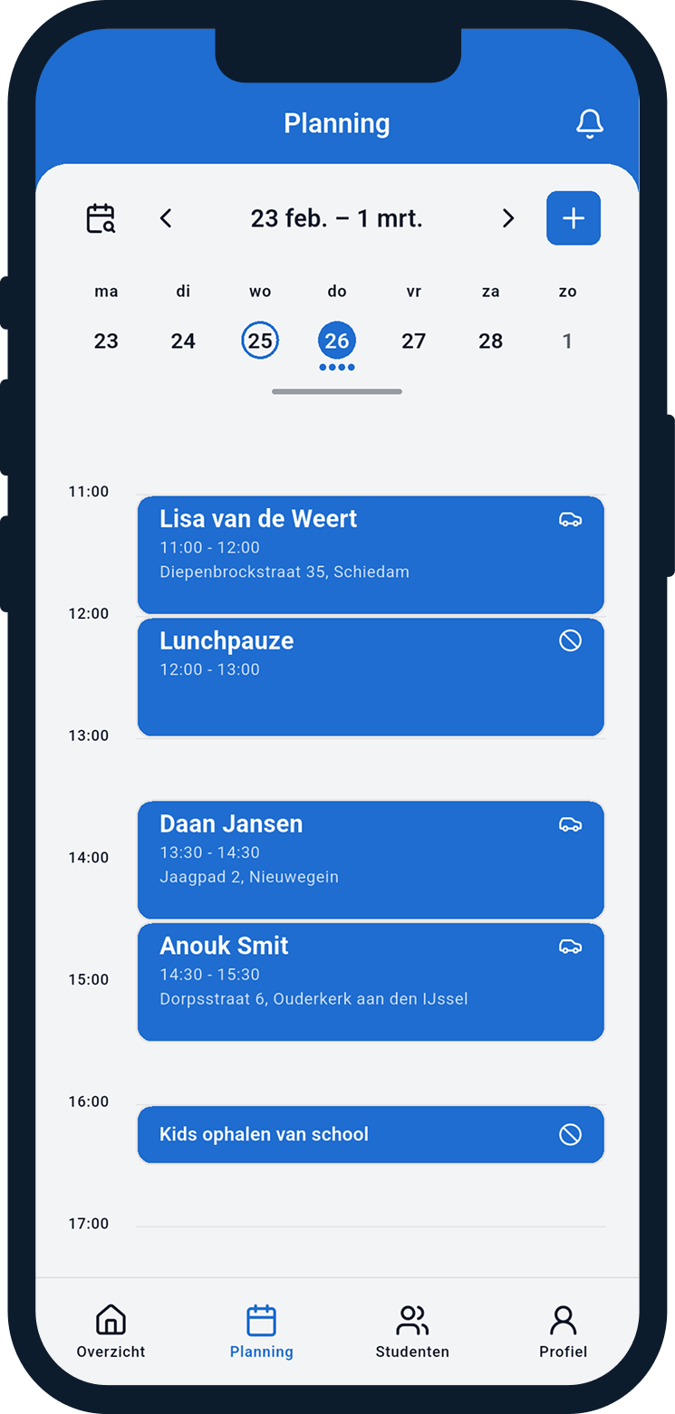 Planningsoverzicht in Mijn Rijschool App