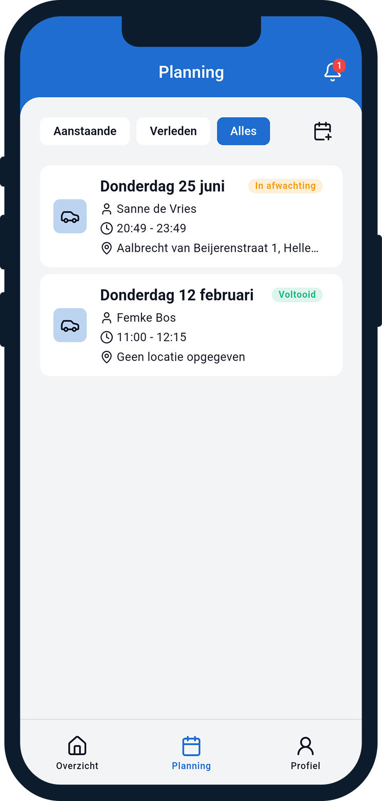 Planningscherm van een student in Mijn Rijschool App
